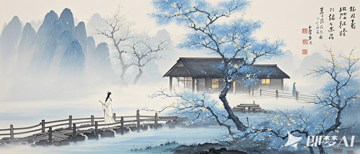 极淡吹墨，水墨艺术融合成空灵，孤寂，山水意境，极简，人，腊梅花风木屋，小桥流水人.jpeg