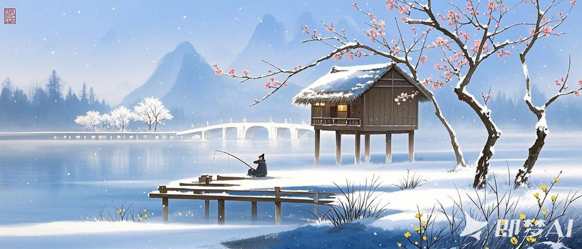极淡吹墨，水墨艺术融合成空灵，孤寂，山水意境，极简，人，腊梅花风木屋，小桥流水人.jpeg