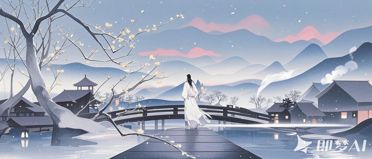 极淡吹墨，水墨艺术融合成空灵，孤寂，山水意境，极简，人，腊梅花风木屋，小桥流水人.jpeg
