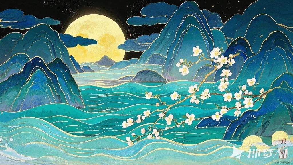 《春江花月夜》, 國風岩彩畫，張若虛《春江花月夜》為主題，描繪月光灑滿春江水面，金.jpeg