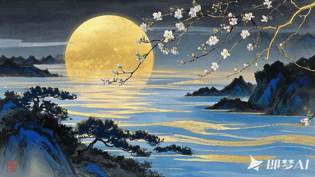 《春江花月夜》, 國風岩彩畫，張若虛《春江花月夜》為主題，描繪月光灑滿春江水面，金.jpeg