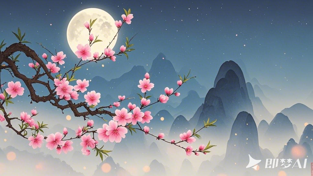 意境构图，水墨晕染，炫彩国风，月光下，几支桃花绽放，淡淡的雾气，朦胧中 一定要有.jpeg