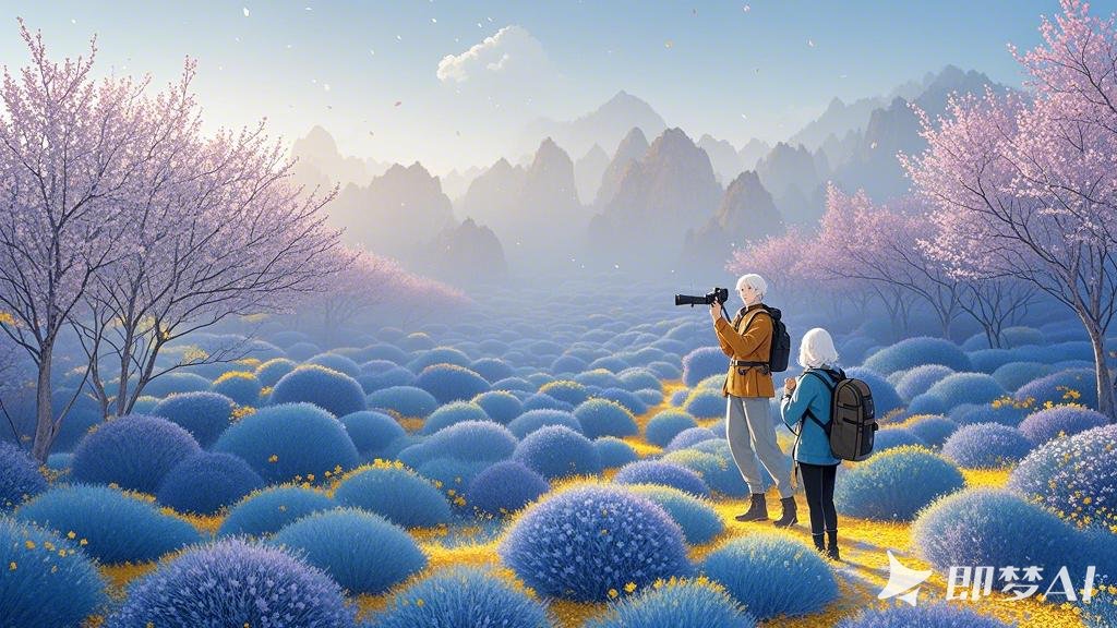 点彩水墨画，古风,毛绒场景,蓝色树林由毛绒材质构成，春光，有粉红的桃花，不同色阶,.jpeg