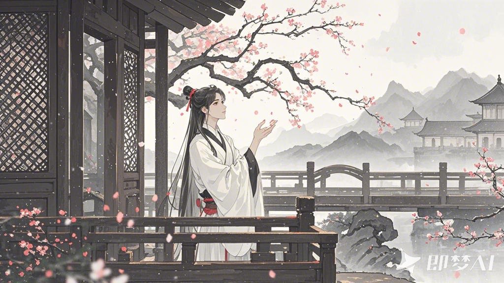 大写意，极淡吹墨，水墨艺术融合成空灵，孤寂，山水意境，极简，人，梨花，古风木屋，.jpeg
