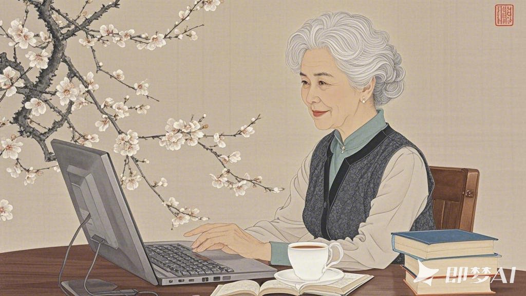 工笔，中年白发女人坐在电脑前，看着荧屏，姿态优雅，桌上有杯咖啡，现代服饰，背景是.jpeg