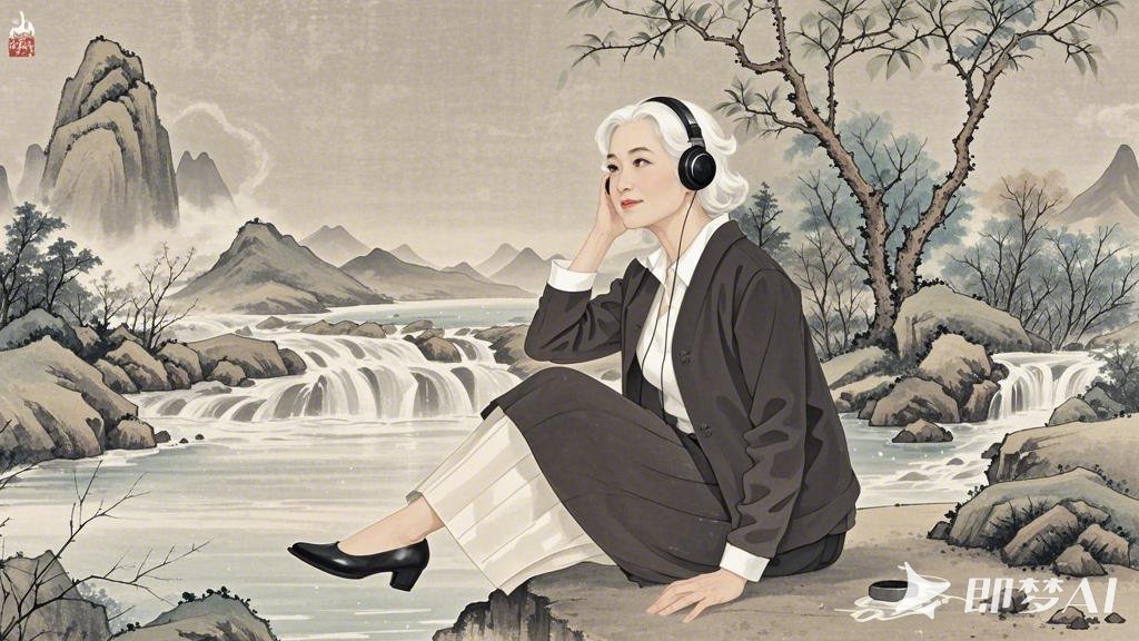在淡雅的水墨画风格背景下，一个穿着现代服饰的中年白发女性坐在河边戴着耳机听音乐，.jpeg
