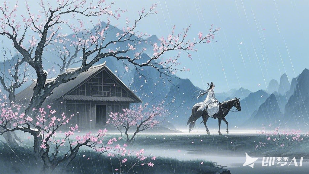 极淡水墨，空灵，孤寂，山水意境，极简，梨花桃花  古风木屋，人物骑行，比较小，珠光.jpeg