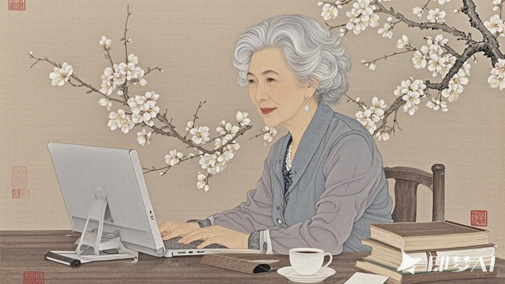 工笔，中年白发女人坐在电脑前，看着荧屏，姿态优雅，桌上有杯咖啡，现代服饰，背景是.jpeg