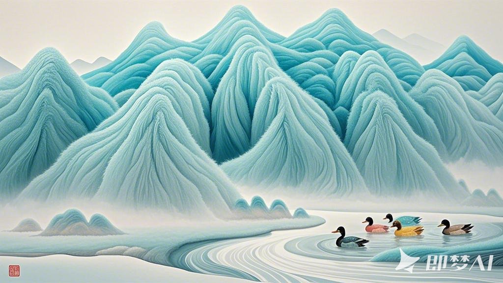 一幅毛茸茸的流体高山画，画面以青白色渐变为主色，高山的轮廓由流畅的线条勾勒，覆盖.jpeg