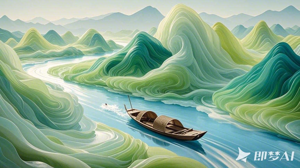 山川，大河，一叶小舟，春山，抽象，大面积留白，流体丝绸技艺，唯美古风。 (3).jpeg