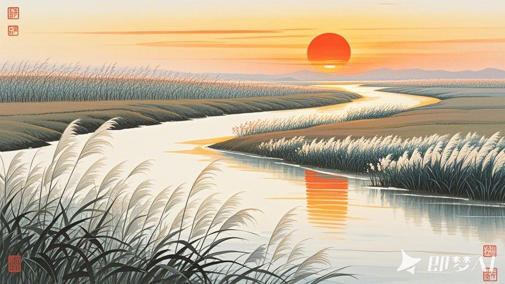 长河落日。画面上一条蜿蜒曲折的大河，河面上映着落日余晖。视线尽头是落入芦花荡上的.jpeg