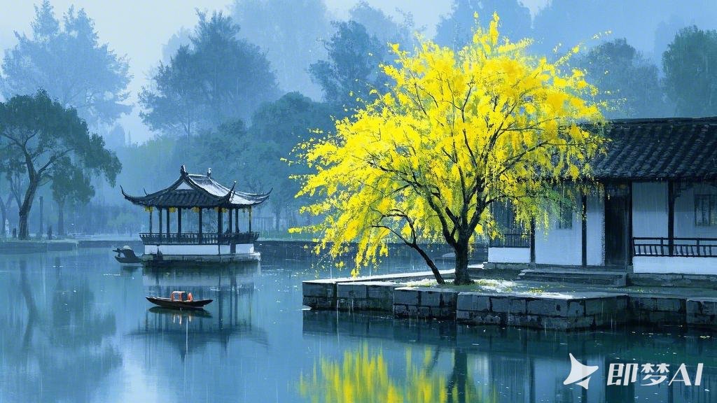 烟雨下江南，水墨，进深感，小湖边，小黄花，一棵黄花树，树后小水榭，远处有一小舟，.jpeg
