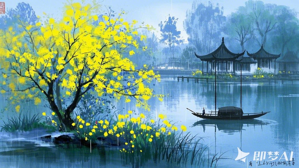 烟雨下江南，水墨，进深感，小湖边，小黄花，一棵黄花树，树后小水榭，远处有一小舟，.jpeg