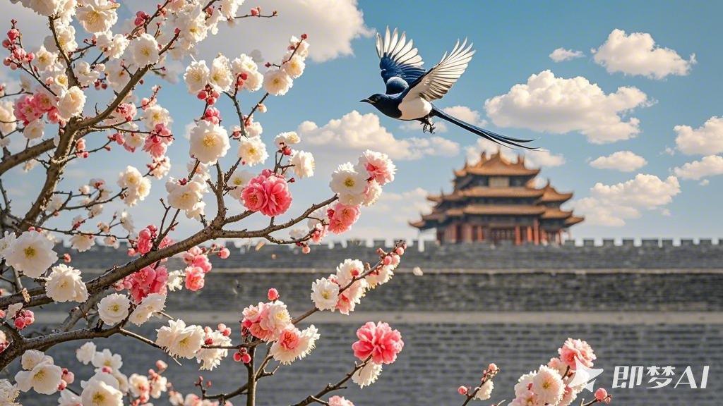 电影摄影：梅花开了。背景是一段城墙，不高，残段，城墙下是梅园，白色 粉色的梅花开.jpeg