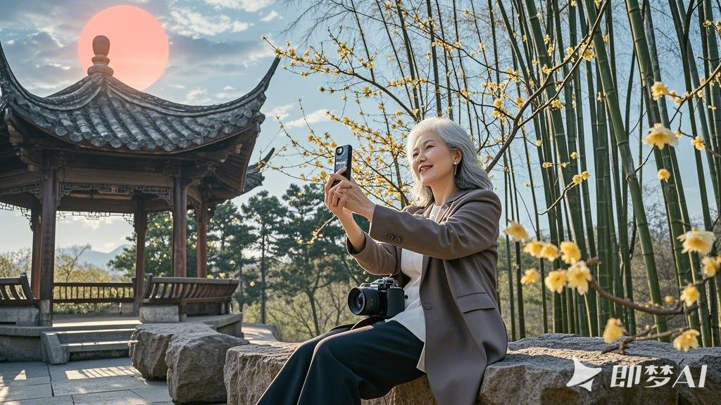 北京立春日。公园树上没有树叶，一古亭边有竹子树。古亭边上有腊梅树开花了、坐着一位.jpg