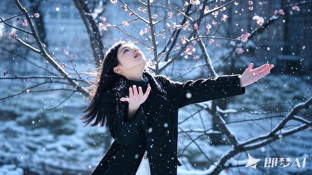 下着雪，城市的公园中，有梅花盛开。一位年轻姑娘现代服饰，站在梅花树下使出双手接雪.jpeg