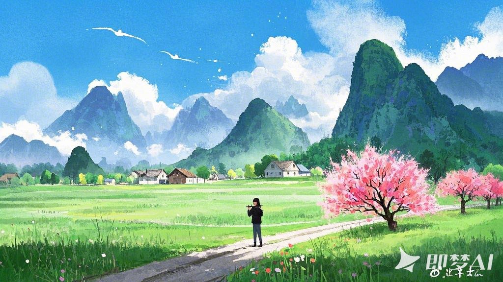 流体水彩,意境,空旷,羊毛毡材料做的远山,小路,云雾,小村,春天，路边有桃树在看着花，.jpeg
