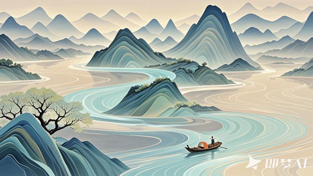 山川，大河，一叶小舟，春山，抽象，大面积留白，流体丝绸技艺，唯美古风。.jpeg