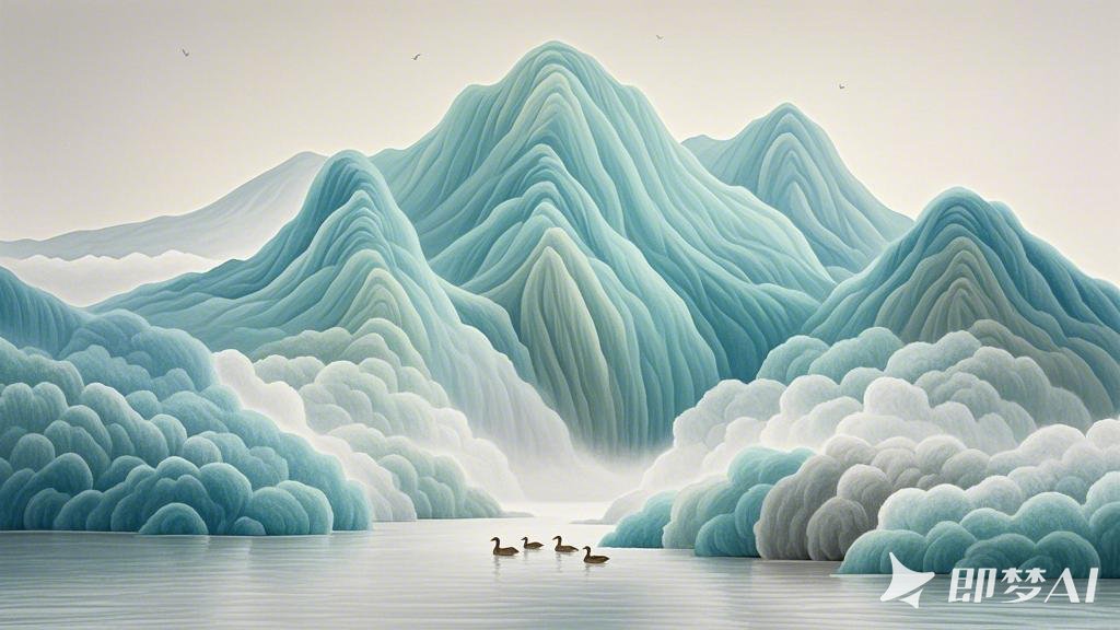 一幅毛茸茸的流体高山画，画面以青白色渐变为主色，高山的轮廓由流畅的线条勾勒，覆盖.jpeg