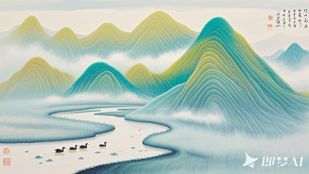 一幅毛茸茸的流体高山画，画面以青白色渐变为主色，高山的轮廓由流畅的线条勾勒，覆盖.jpeg