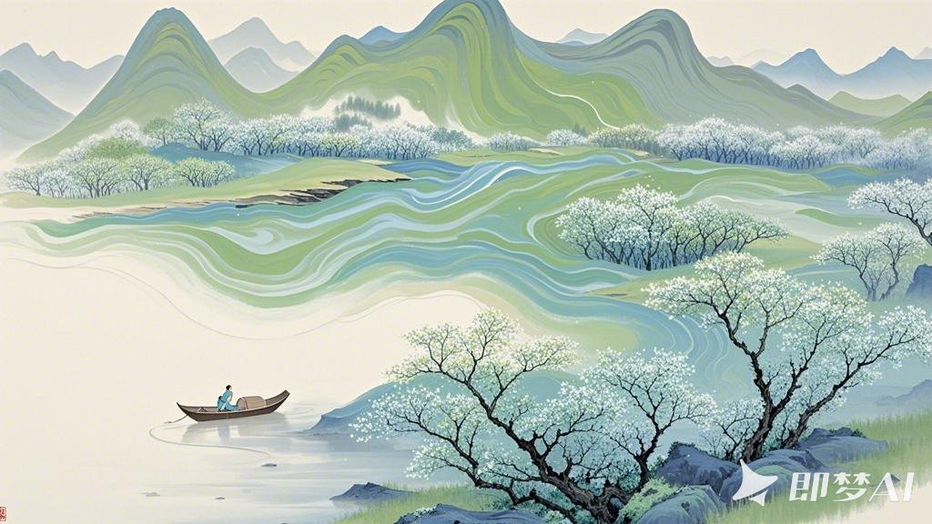 山川，大河，一叶小舟，春山，抽象，大面积留白，流体丝绸技艺，唯美古风。 (1).jpeg