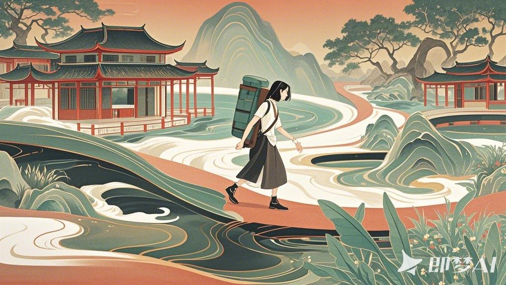 中国风，流体，线条山水，植物和中式建筑，曲线灵动，渺小的背着行囊的女人，中式对称.jpeg
