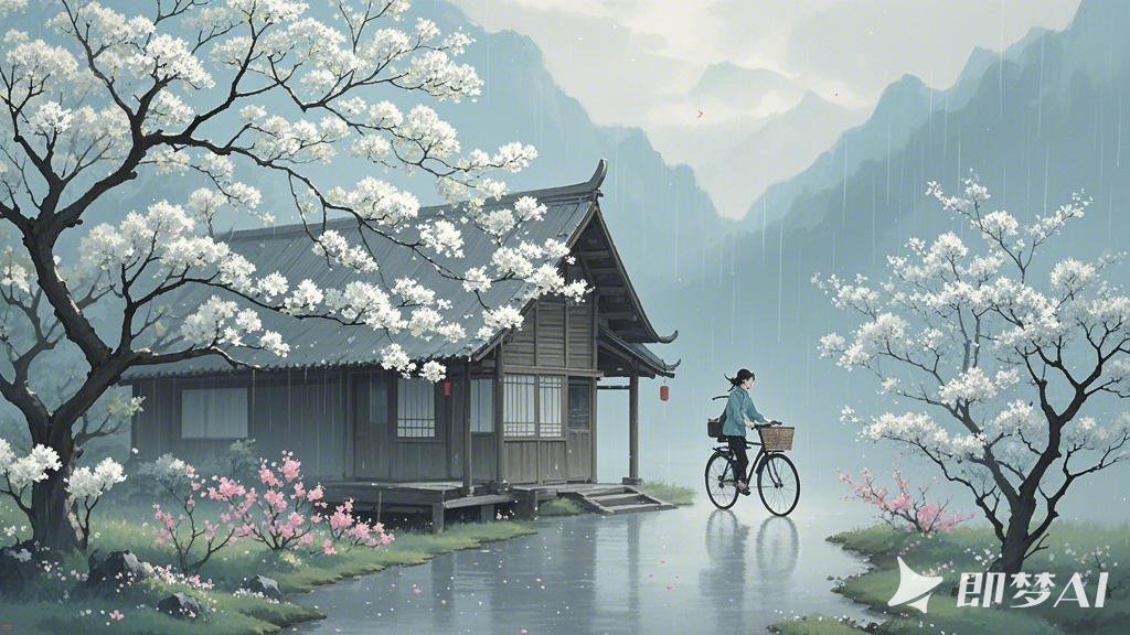 极淡水墨，空灵，孤寂，山水意境，极简，梨花桃花  古风木屋，人物户外自行车骑行较小.jpeg
