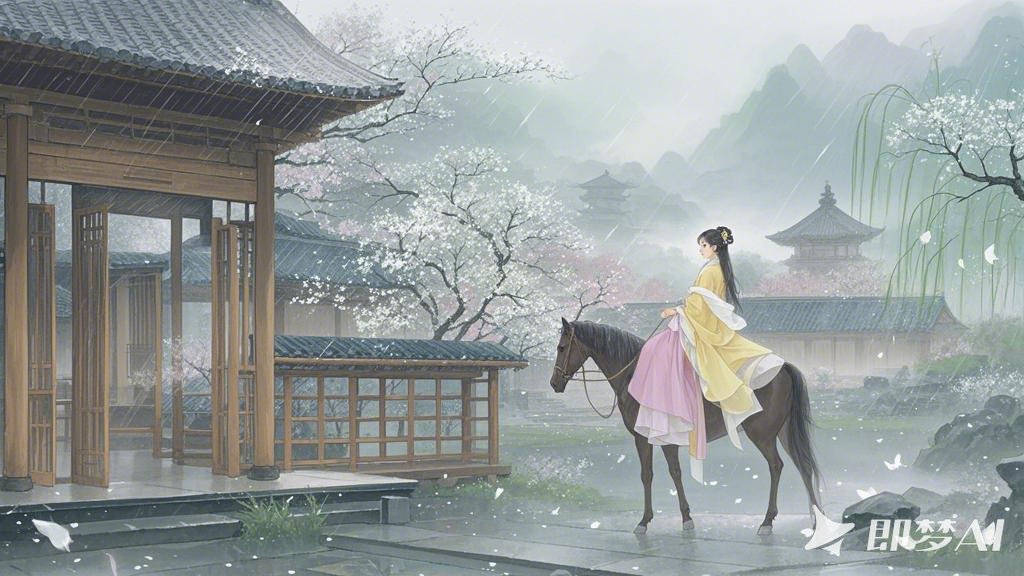 极淡水墨，空灵，孤寂，山水意境，极简，梨花桃花  古风木屋，人物骑行，比较小，珠光.jpeg