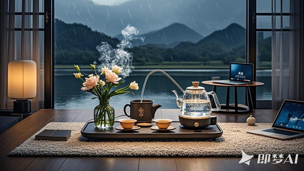 现代装修豪华的房间，地毯上的茶桌上放着茶盘，一束鲜花，茶盘上放着一个茶壶、三个茶.jpg