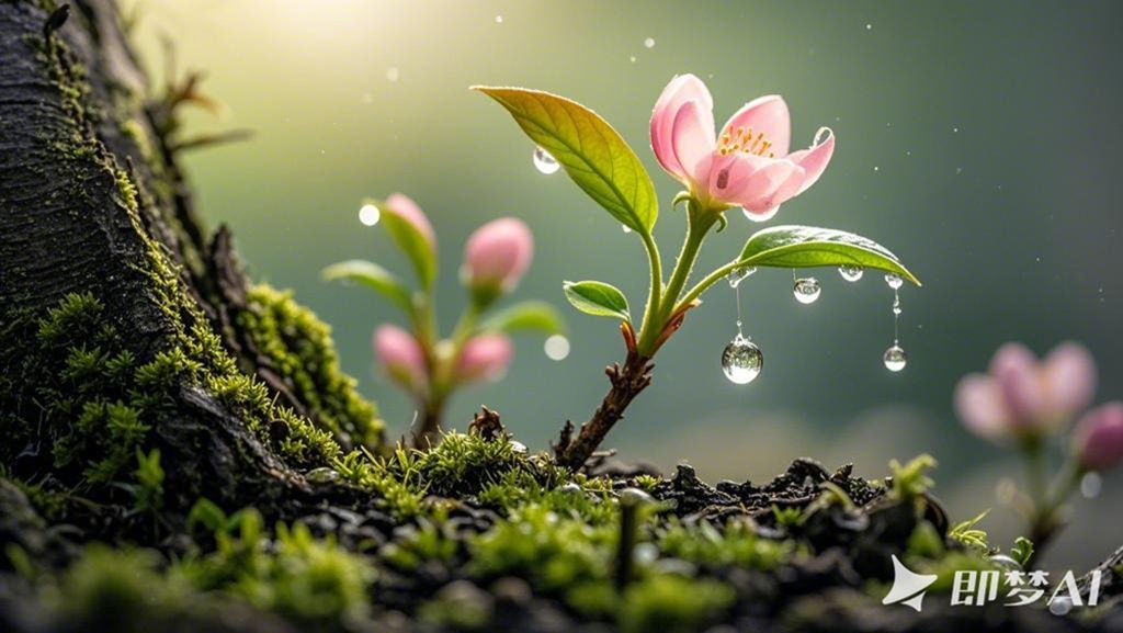 粗壮的古树根表面布满苔藓纹理，浅粉绿渐变色芽苞破皮而出，超高清近景俯拍，特写，展.jpg