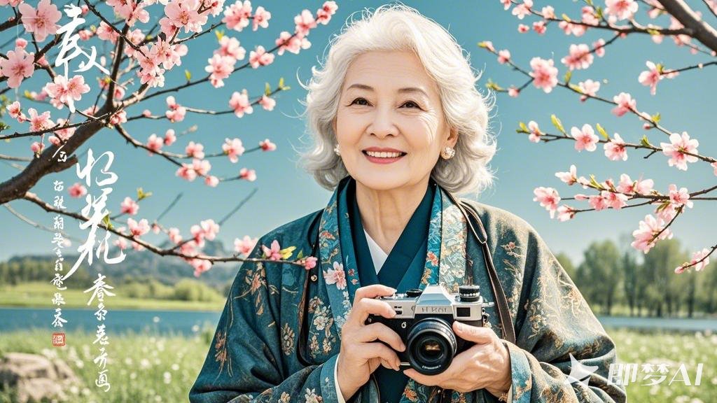 双重曝光，中年白发女性，端着相机在拍摄，如图服饰中是春天的风光，有桃花、渲染，高.jpeg