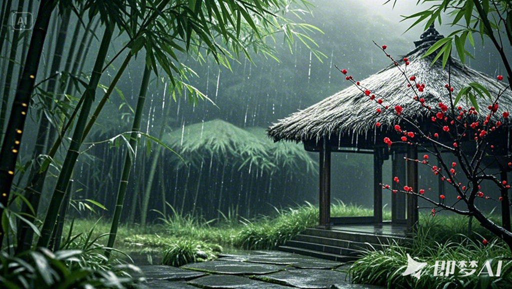 茂密翠绿色竹林随风摇曳，古旧茅草屋顶着细雨，稻草屋顶滴水，青石板路旁嫩绿小草挂满.jpg