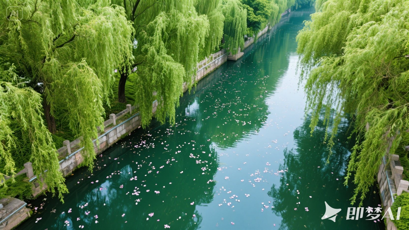 jimeng-2025-05-21-614-江南的小河，河水清澈，河面上飘着落花，岸边挺拔的柳树，夏日.jpeg