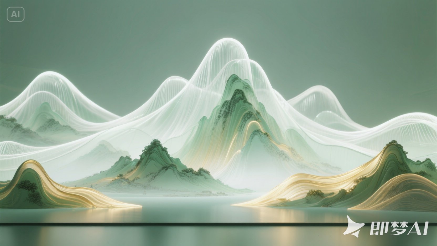 jimeng-2025-05-25-25-新中式，超现实主义风格，山水画，梦幻，高山仰止透明流动柔性.jpeg