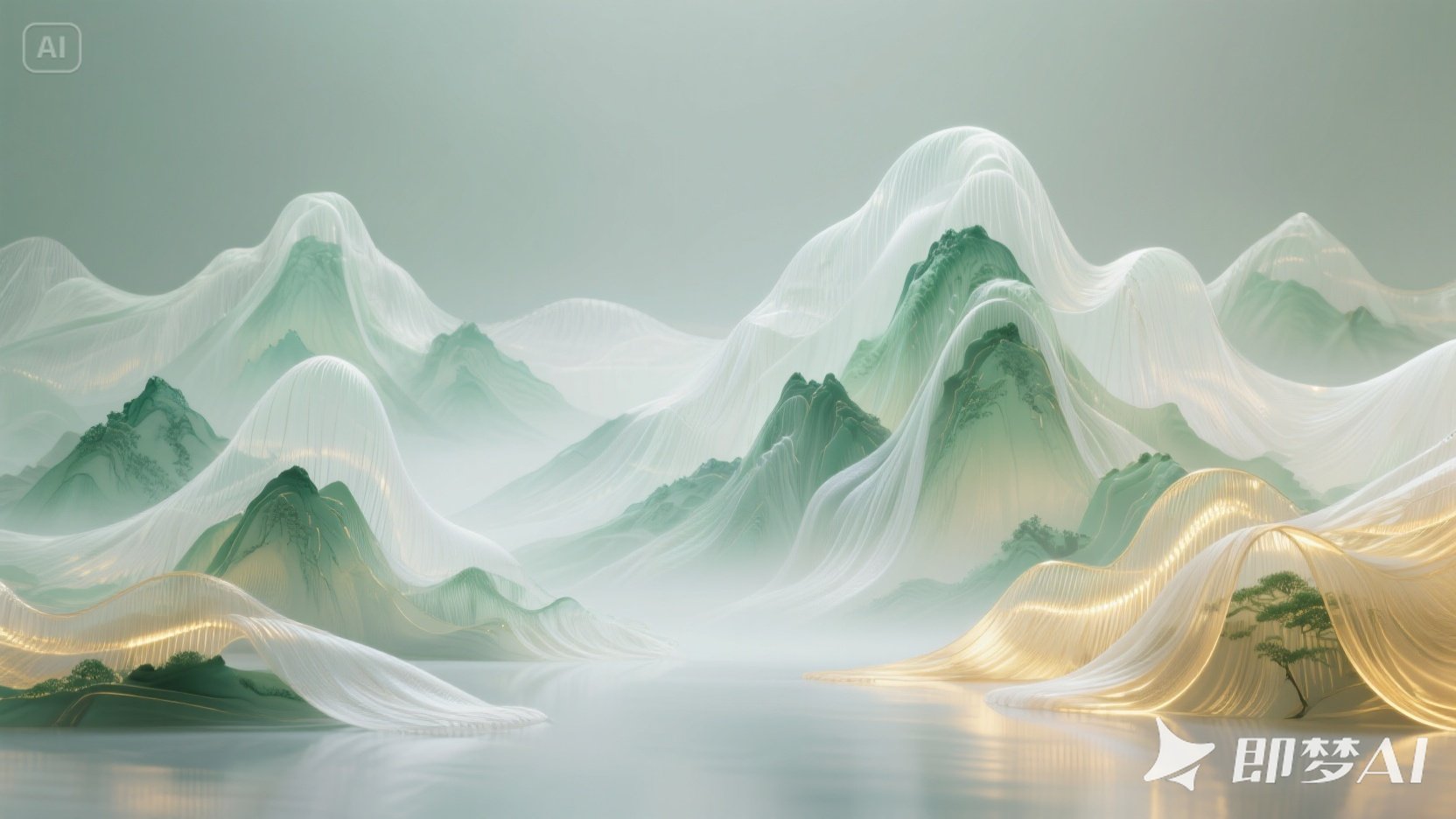 jimeng-2025-05-25-24-新中式，超现实主义风格，山水画，梦幻，高山仰止透明流动柔性.jpeg