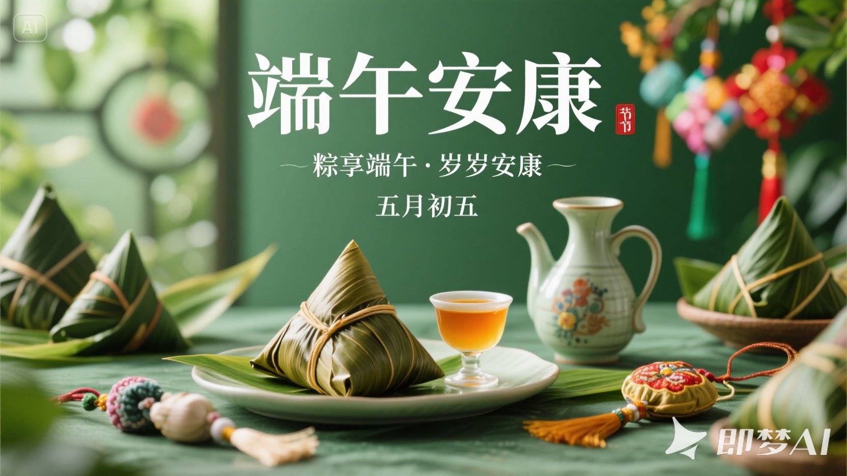 jimeng-2025-05-30-906-以端午节为主题的宣传图，画面呈现粽子、雄黄酒壶（酒壶上有“.jpeg