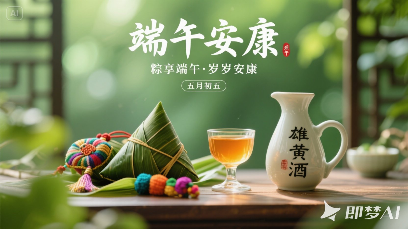 jimeng-2025-05-30-905-以端午节为主题的宣传图，画面呈现粽子、雄黄酒壶（酒壶上有“.jpeg