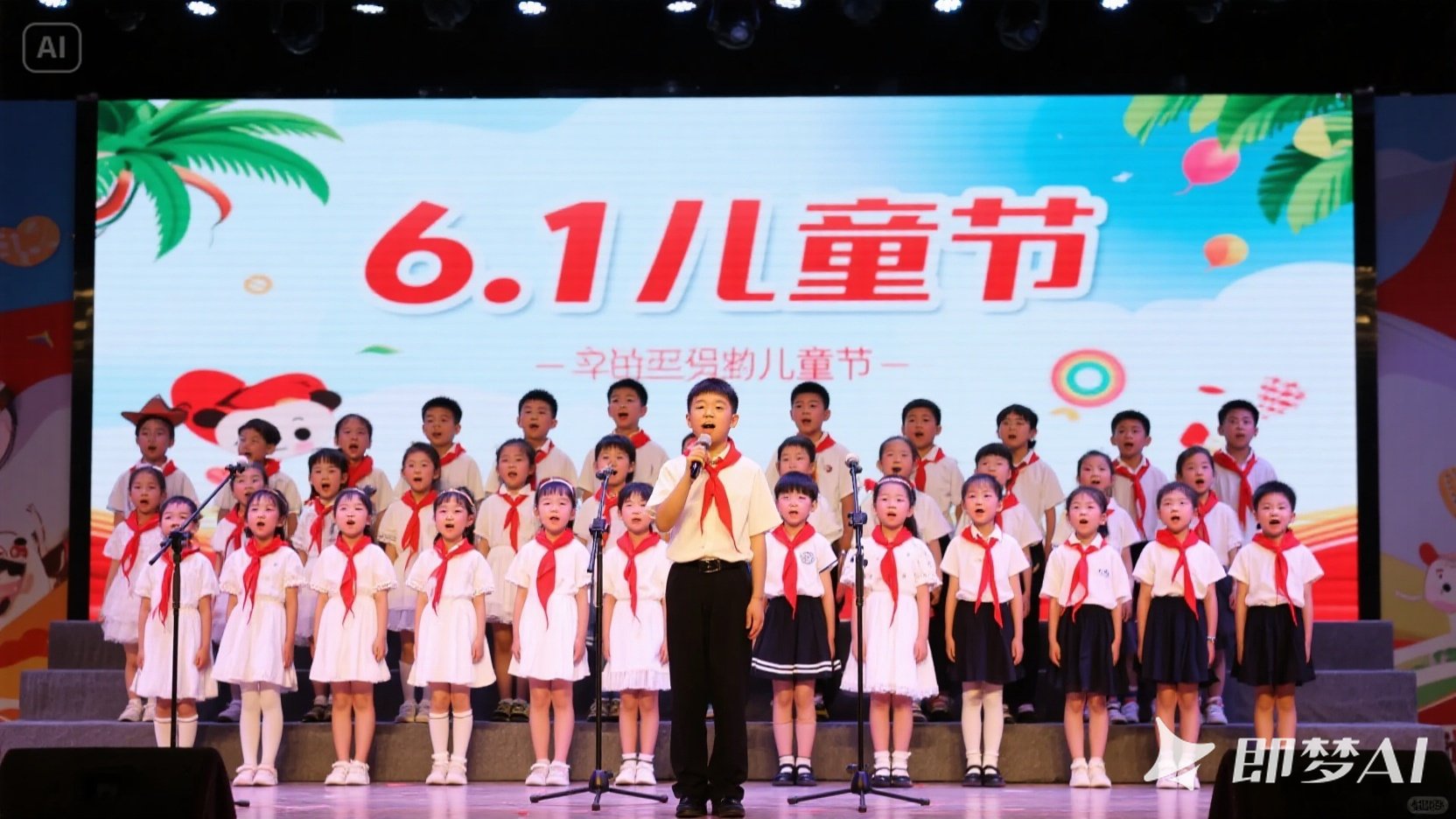 jimeng-2025-06-01-879-在一个舞台上，一群小朋友带着红领巾大合唱，庆祝6.1儿童节。.jpeg