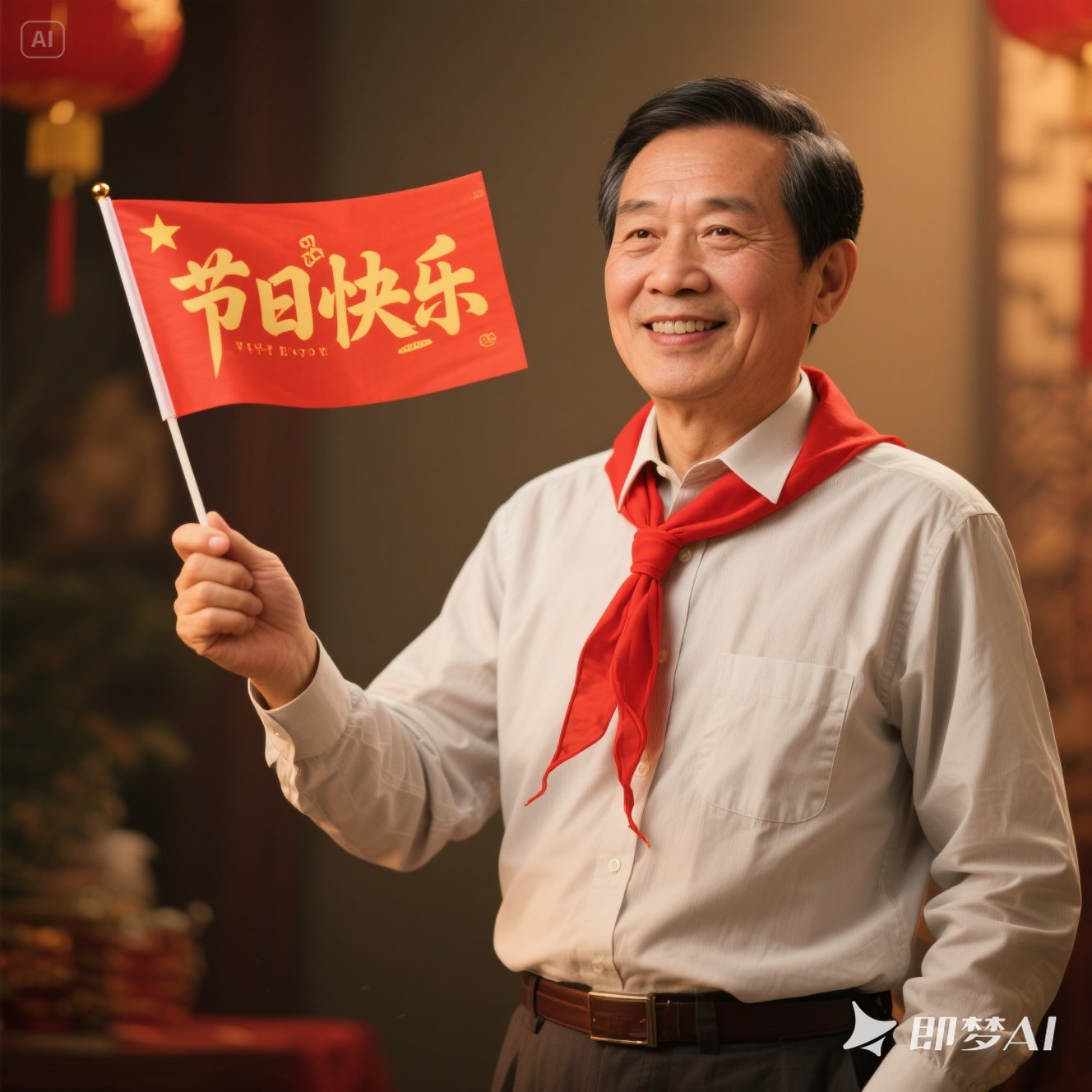 jimeng-2025-06-01-11-一位儒雅的中年华人男性戴着红领巾，手里举着一面小红旗，上面.jpeg