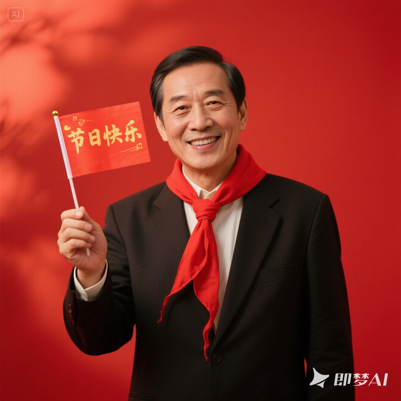 jimeng-2025-06-01-12-一位儒雅的中年华人男性戴着红领巾，手里举着一面小红旗，上面.jpeg
