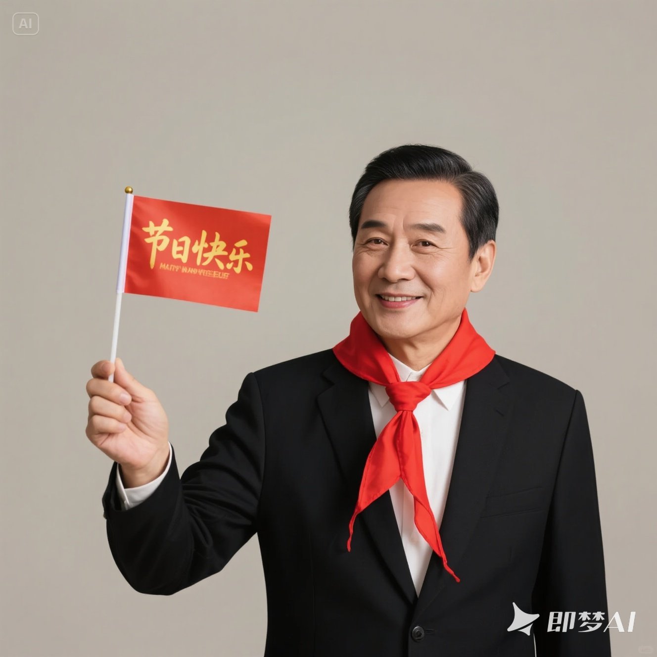 jimeng-2025-06-01-10-一位儒雅的中年华人男性戴着红领巾，手里举着一面小红旗，上面.jpeg