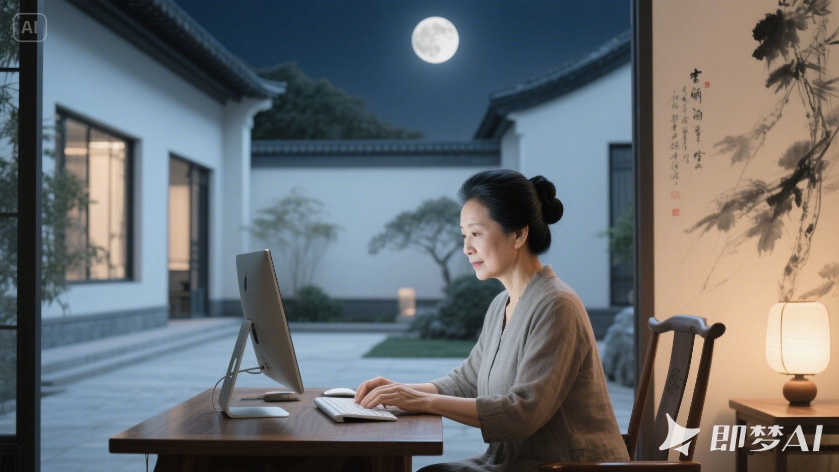 月夜 现代建筑，院中有一中年华人女性，黑发。盘头发髻。 家居服装，神态睿智，坐在桌.jpeg