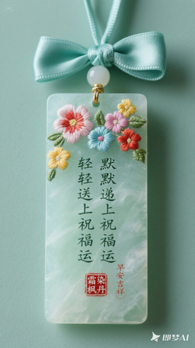 jimeng-2025-07-01-2437-创意玉佩设计，青透玉质材料，青色的绸带挂扣，旁边有彩色花.jpg