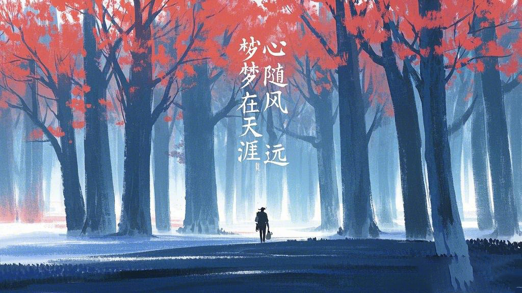 新中式简约插画，水墨艺术，巨大的红树林 ，画中央渺小的人 背着行囊背影，靛蓝色和白.jpg