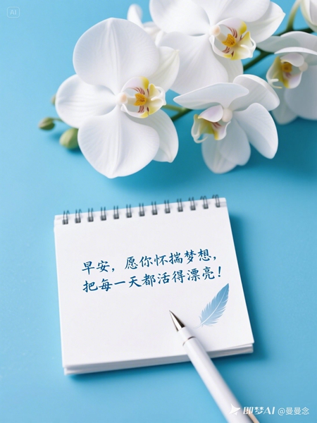 jimeng-2025-06-15-8260-帮我生成一张海报：背景为纯蓝色，白色便签薄上羽毛笔写字，.jpg