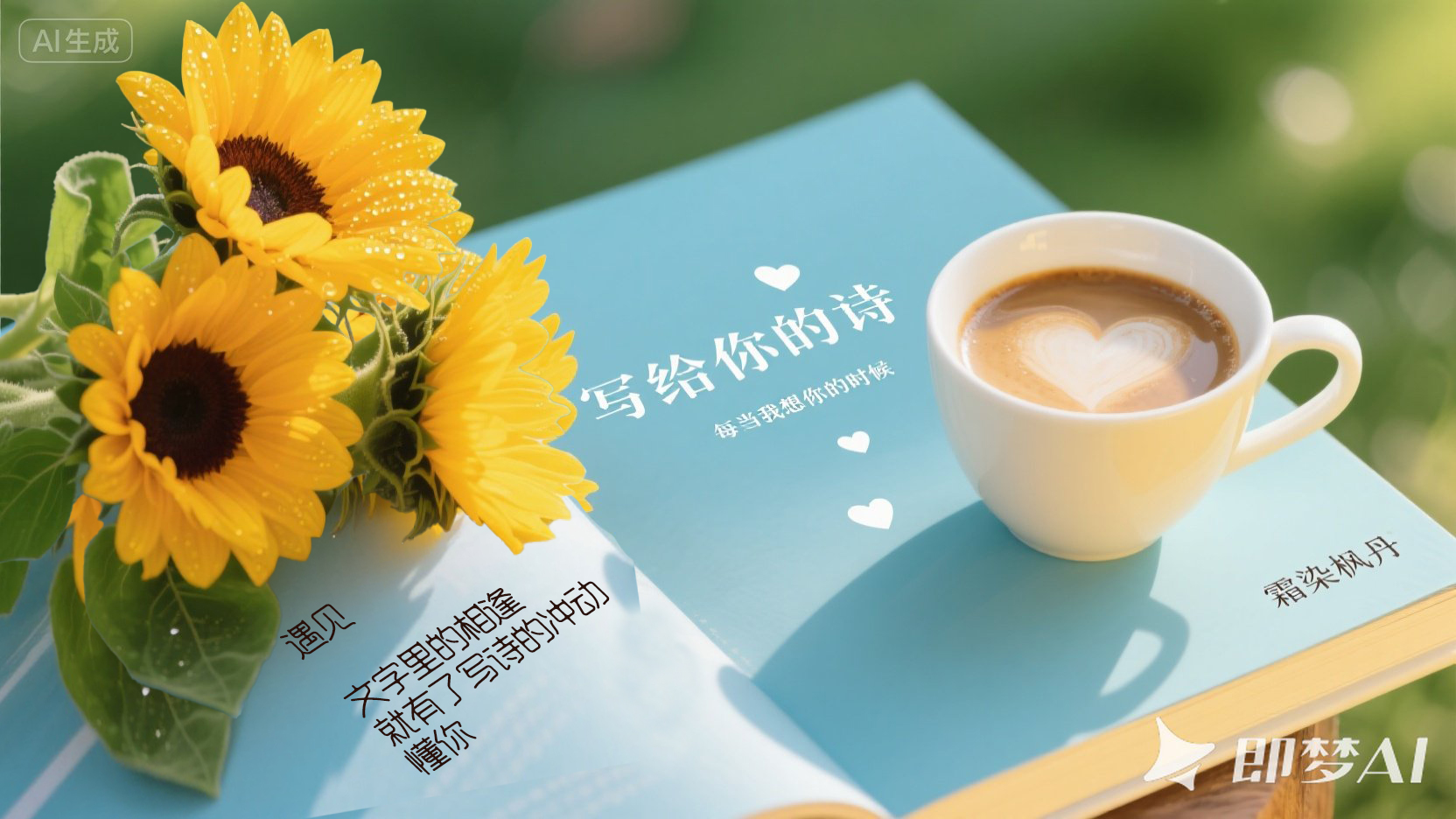 jimeng-2025-07-10-2192-一本书上斜放着一束艳丽的向日葵花，花朵上有清晰可见的露珠.jpg