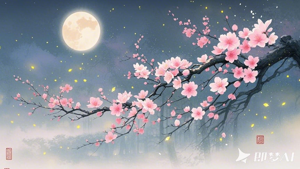 意境构图，水墨晕染，炫彩国风，月光下，几支桃花绽放，淡淡的雾气，朦胧中 一定要有.jpg