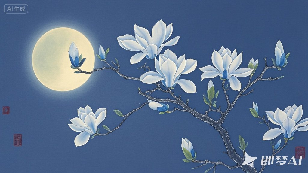 jimeng-2025-07-17-9851-月光下的白玉兰，蓝色色调，唯美、高清、沥粉工笔画。.jpeg