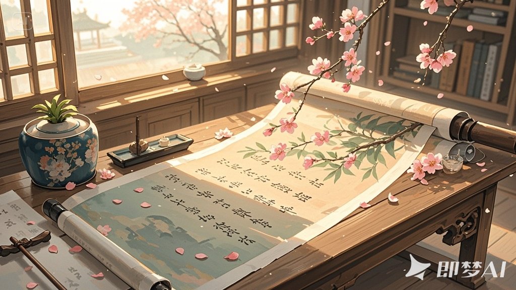 jimeng-2025-06-28-6439-古代小窗前的书桌上，放着一卷画好的画卷，画卷上飘着几朵桃花花瓣.jpeg