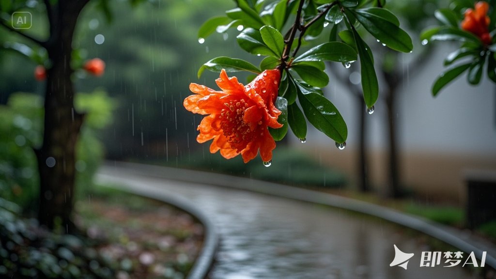 jimeng-2025-06-26-4997-春天，石榴花在春雨中轻轻摇动，树叶新绿，生机盎然，石榴花.jpeg